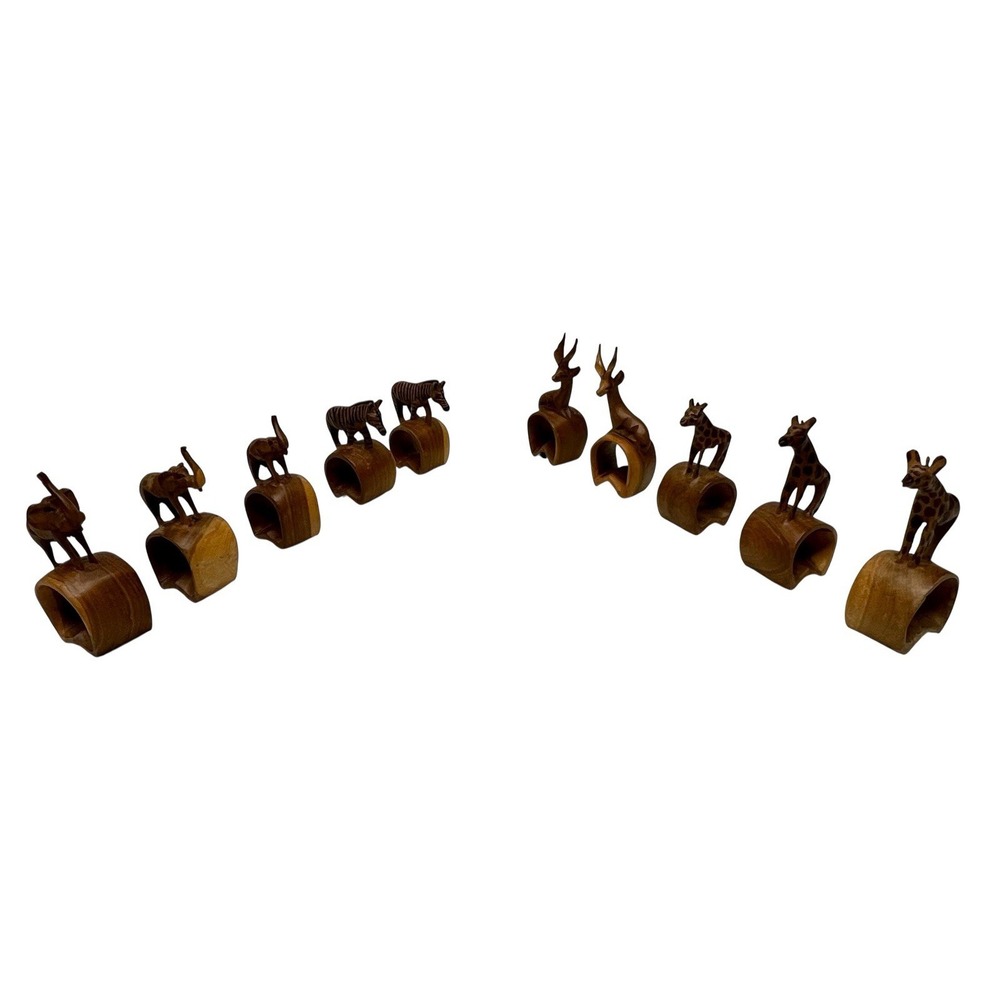 Set of 10 Hand Carved Wooden African Safari Animal Napkin Ring Holders‎ Stands